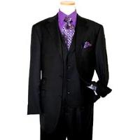 Steve Harvey Collection Solid Black with Single Breasted Vest Super 120's  Merino Wool Suit